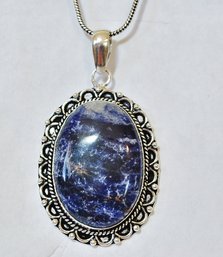 Natural Sodalite Stone Pendant Necklace On German Silver Chain NEW