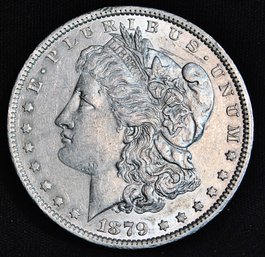 1879 Morgan Silver Dollar  AU / Uncirc Great Date!  CHEST FEATHERING  NICE! (6hmb9)