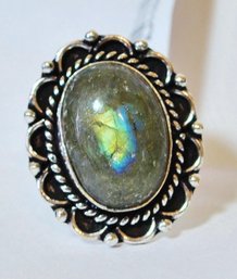 Natural Labradorite Ring  German Silver Setting  Size 9  NEW