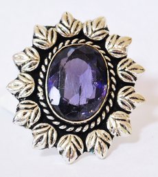 Natural Amethyst Lace Cabachon Ring  German Silver Setting  Size 6  NEW