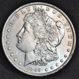 1889  Morgan Silver Dollar AU   Full Chest Feathering  NICE (7pce2)