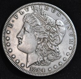 1884  Morgan Silver Dollar AU  FULL CHEST FEATHERING Super NICE SHARP COIN  (hLf39)