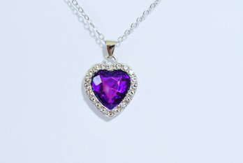 Beautiful Purple Amethyst Cubic Zirconia Heart Pendant & 18K White-Gold Plated Setting & Chain NEW