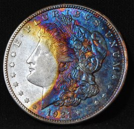 1921  Morgan Silver Dollar RAINBOW TONING  AU / BU  Full Chest Feathering! NICE! (cer15)
