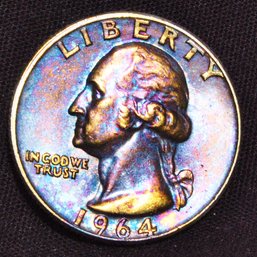 1964-D  Washington Silver Quarter Choice BU Rainbow Toning Nice   (Dek69)