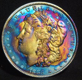 1889  Morgan Rainbow Toning XF PLUS / AU  FULL CHEST FEATHERING!! (beu33)