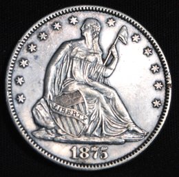 1875  Seated Liberty Silver Half Dollar  AU  Super Nice!  (mec2)