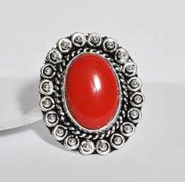 Natural Red Coral Cabachon Ring German Silver Setting  Size 7   NEW Healing Stone