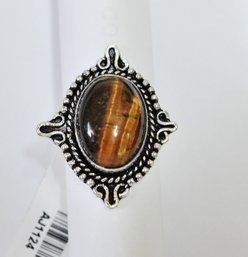 Beautiful Natural Tiger Eye Stone Cabachon Ring German Silver Setting Size 9  Healing Stone