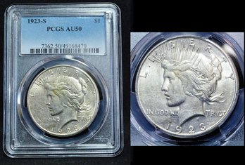 1923-S  Peace Silver Dollar  PCGS Graded  AU 50  Better DATE!  NICE!  (rap86NT)