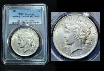 1922  Peace Silver Dollar  PCGS Graded  AU Detail - Harshly Cleaned SUPER COIN!  (rew26NT)