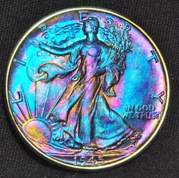 1945  Walking Liberty Silver Half Dollar  BU UNCIRC RAINBOW TONING! Super Nice Coin!  (hgy80)