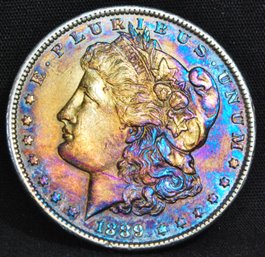 1889  Morgan Dollar AU Nice Rainbow Toning! Full Chest Feathering (phc42)