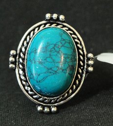 Natural Turquoise Cabachon Ring  German Silver Setting  Size 7  NEW