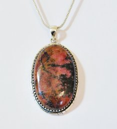 Natural Rhodonite  Pendant Necklace / Sterling Silver  Cabachon & Chain STONE Spiritual HEALING NEW