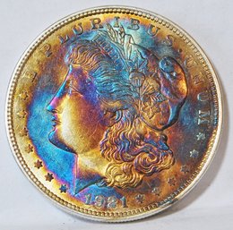 1921  Morgan Silver Dollar RAINBOW TONING!  XF / AU  (mpc27)