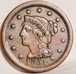 1851 Braided Hair Large Cent  XF  Full Liberty VERY NICE!  (hLf39)