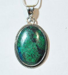 Natural Green Shattuckite Cabachon Pendant Necklace W/Sterling Silver Chain Spiritual Healing Stone
