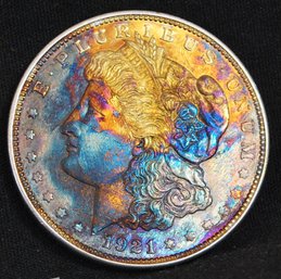 1921 Morgan Silver Dollar  XF Plus! CHEST FEATHERING!  RAINBOW TONING!!  NICE! (gfi75)