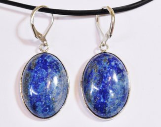 Natural Lapis Lazuli Earrings W/ Sterling Silver Plated Setting NEW