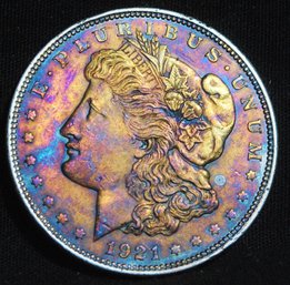 1921  Morgan Silver Dollar RAINBOW TONING! Full Chest Feathering Super Nice!  (3cvm5)