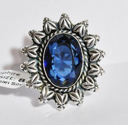 Lab-Created Blue Sapphire Ring  German Silver Setting  Size 8  NEW