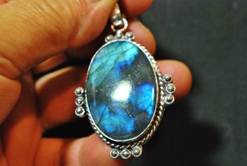 Fiery Labradorite Cabachon Pendant German Silver Setting With 20' Chain