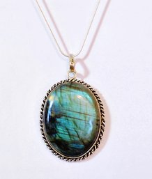 Large FIERY Natural Labradorite Pendant Necklace / Sterling Silver Chain Spiritual HEALING Stone  NEW NICE!!