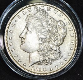 1896  Morgan Silver Dollar AU / About UNCIRC SHARP FULL CHEST FEATHERING Nice In Capsule  (caa23)