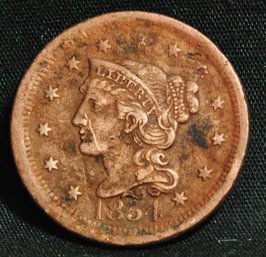 1854  Braided Hair Large Cent Some Damage But XF Detail  (3crs7NT)