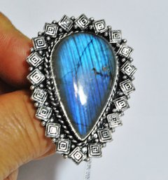 Fiery Blue Labradorite Cabachon Ring German Silver Setting Size 6 NEW Healing Stone