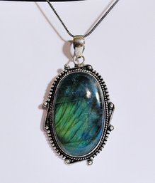 Natural Labradorite Cabachon Pendant German Silver Setting With 20' Chain