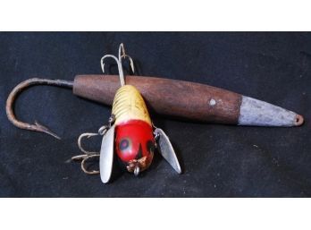 2 Vintage Fishing Lures Heddon WOODEN Crazy Crawler & Wooden Jig