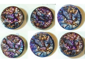 Lot Of 6 RARE Antique Vintage Carnival Glass Iridescent Buttons HUNTING DOGS