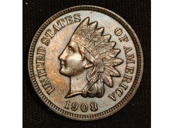 1908  Indian Cent UNCIRC / AU  FULL LIBERTY & 4  DIAMONDS! Great Date Too! WOW WOW (jjp33)