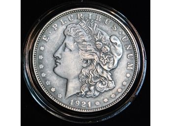 1921-D  Morgan Silver Dollar KEY DATE!  AU SOME NATURAL TONING In Capsule (8ddc34)