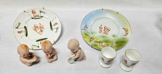 Nice Kewpie Doll Lot- 2 Prussia Plates With Eight Cups, Rose O'Neall Wilson On Plates, 3 Small Kewpies