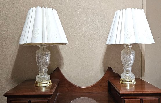 Two Vintage Glass Lamps- One Shade Has Water Damage 26-in Tall