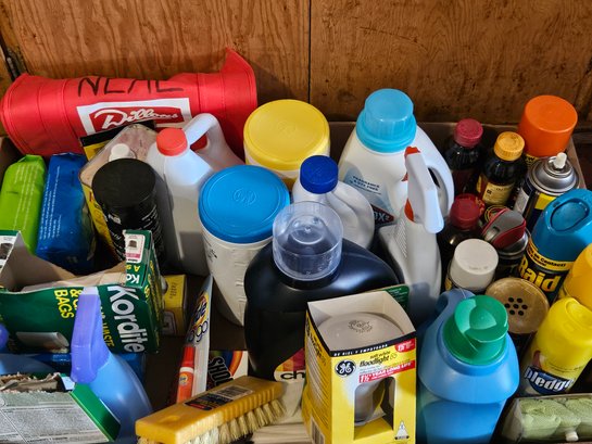 Box Of Cleaning Supplies, Laundry, Bug Spray, Silver Cleaner, Furniture Etc