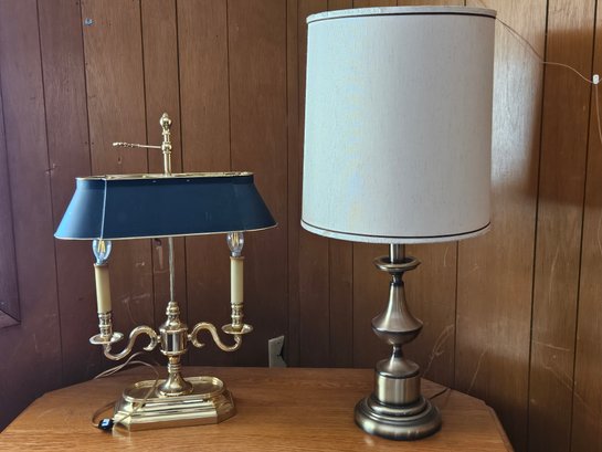 Two Brass Colored Lamps - Tall One Is 31 In Tall, Adjustable Double Light Desk Lamp Is 17 W 25 Tall