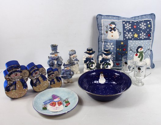 Snowman Lot - Plate (has Some Chips) Cute Pillow, Candle Holders, Stackable Boxes, Glasses, Lg Metal Bowl