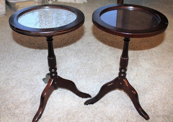 Two Small Pedestal Glass Top Tables-can Be Used With Or Without Doily 13-in Diameter 20.5 In Tall