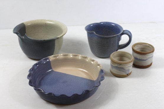 Blue And White Pottery-10' Pie Plate, Bowl W/little Damage, 2 Decorative Cups, Pitcher, Some Items Signed