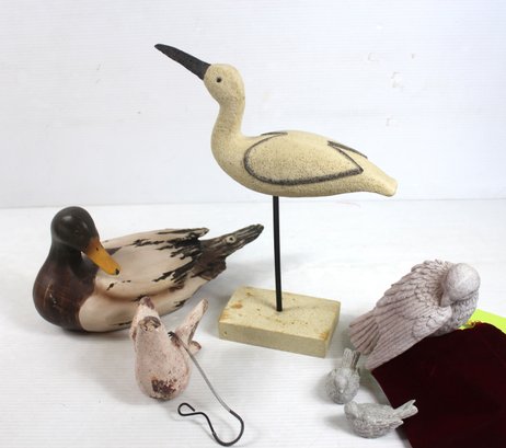 Birds! Stork, Shelf Bird W/babies, Wooden Duck, Hanging Pottery