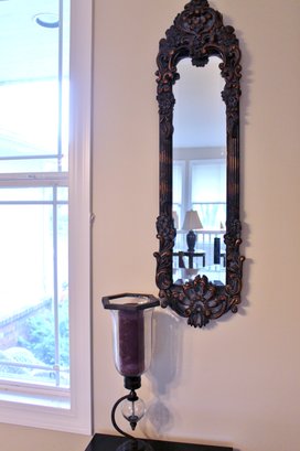 Ornate Resin Wall Mirror 40x11 And Tall Metal & Glass Candle Holder (1 Piece Of Glass Is Broken) 19.5' Tall