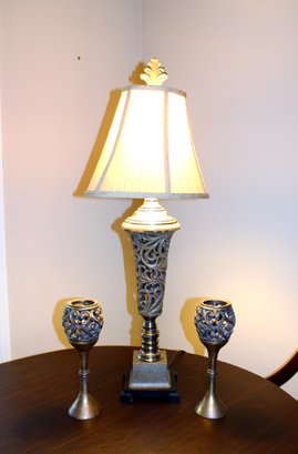 Heavy 36.5' Lamp. Part Of Base Is Stone Plus 2 Candle Holders