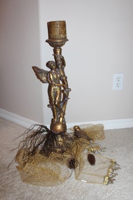 Gold 27' T Angel Resin Candle Holder W/gold Bird And Scarf