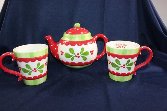 Burton & Burton Christmas Tea Pot And 2 Mugs. Teapot Lid Has A Crack