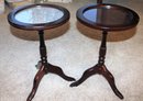 Two Small Pedestal Glass Top Tables-can Be Used With Or Without Doily 13-in Diameter 20.5 In Tall