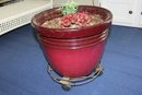 Burgundy Plastic Pot With Rolling Stand And Plastic Plant 15.5 X 13-in Tall
